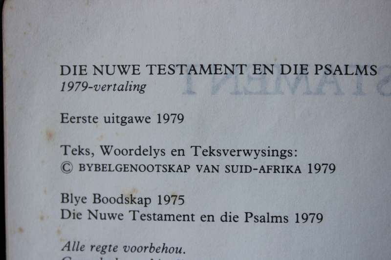 DIE NUWE TESTAMENT EN PSALMS. 1979-Vertaling met Woordelys en Teksverwysings.