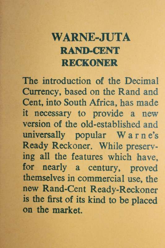 WARNE-JUTA RAND-CENT READY RECKONER / RAND-SENT REKENBOEK TWEETALIGE UITGAWE  deur Eric Rosenthal
