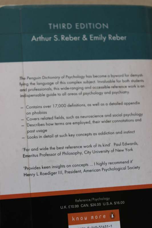DICTIONARY OF PSYCHOLOGY  Third Edition  by Arthur S Reber & Emily S Reber