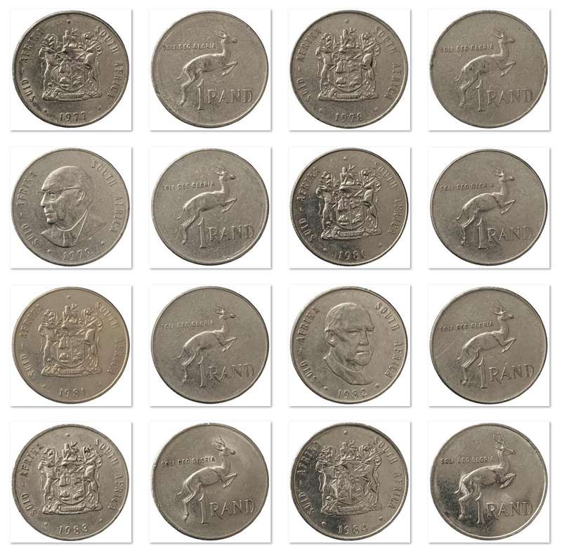 Complete set 1977-1990 South Africa Springbok R1 one rand nickel coins