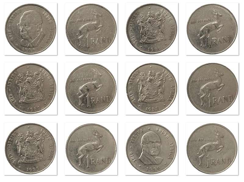 Complete set 1977-1990 South Africa Springbok R1 one rand nickel coins