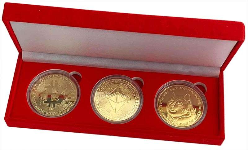 3 coin 40mm gold plated crypto set in red velvet presentation box Bitcoin, Ethereum and Doge Coin