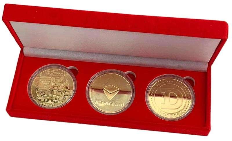 3 coin 40mm gold plated crypto set in red velvet presentation box Bitcoin, Ethereum and Doge Coin