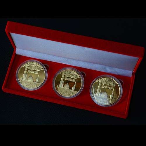 Islamic 1oz Madina gold plated 3 coin Islamic set in red velvet box