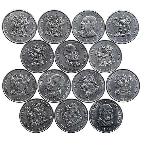Complete set 1977-1990 South Africa Springbok R1 one rand nickel coins
