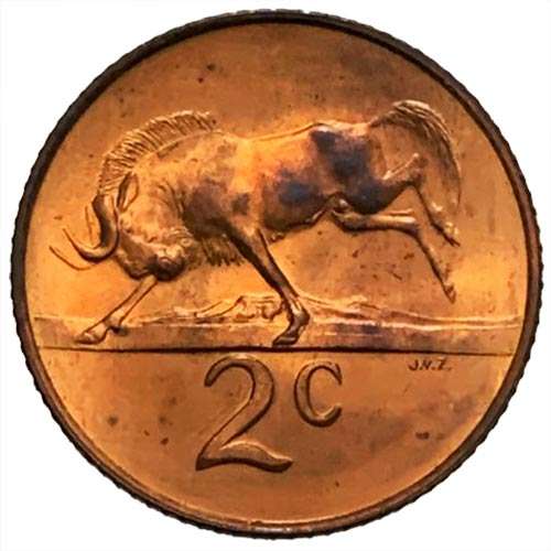 1967 South Africa Afrikaans 2c uncirculated bronze