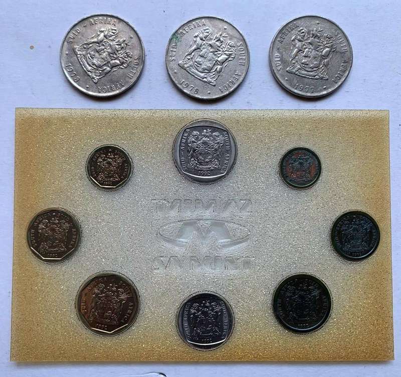 1X1977 and 2X1978 South Africa Springbok R1 one rand nickel coins plus 1X1992 Uncirculated Mint Set