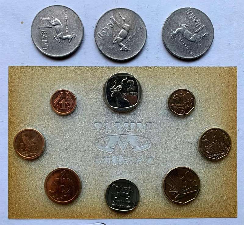 1X1977 and 2X1978 South Africa Springbok R1 one rand nickel coins plus 1X1992 Uncirculated Mint Set