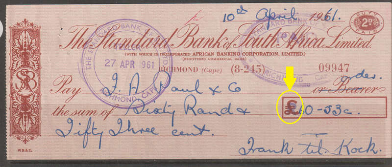 Very Rare 1961 Standardbank of South Africa Cheque (£ is overprinted with a R) RICHMOND CAPE