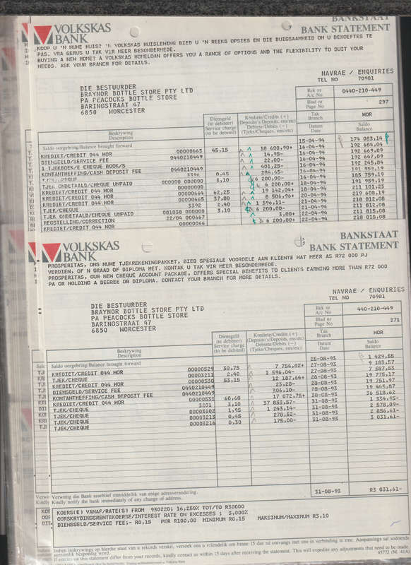 File With 30 Volkskas Bank Checks and 19 Bank Statements (Worcester)