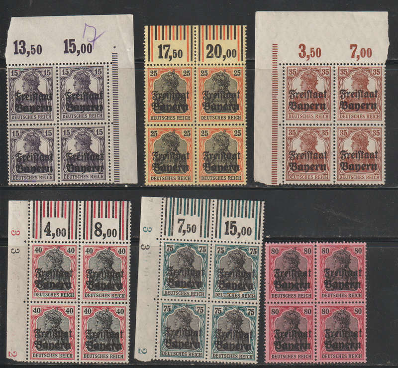 Bavaria UMM Blocks of 4 German Empire Postage Stamps Overprinted Freistaat Bayern 1919