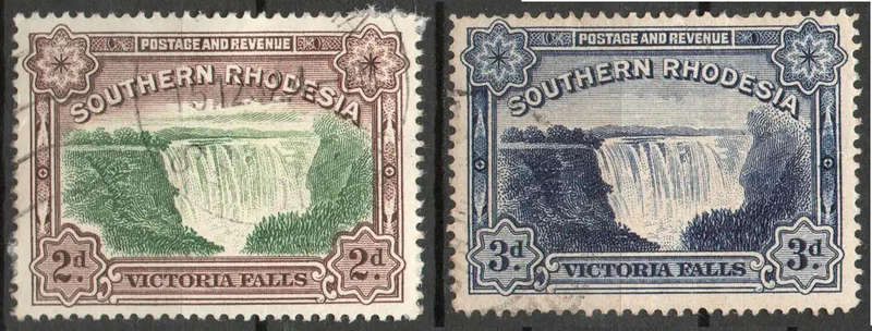 Southern Rhodesia 1935 Large Falls Inscribed Postage & Revenue - Used SACC 36-37