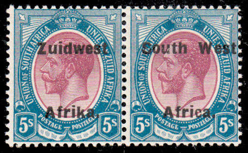 SOUTH WEST AFRICA 1924 KGV TYPE VIa 5s PURPLE AND BLUE SHADE VERY FINE LMM PAIR. SACC 61 CAT R3500