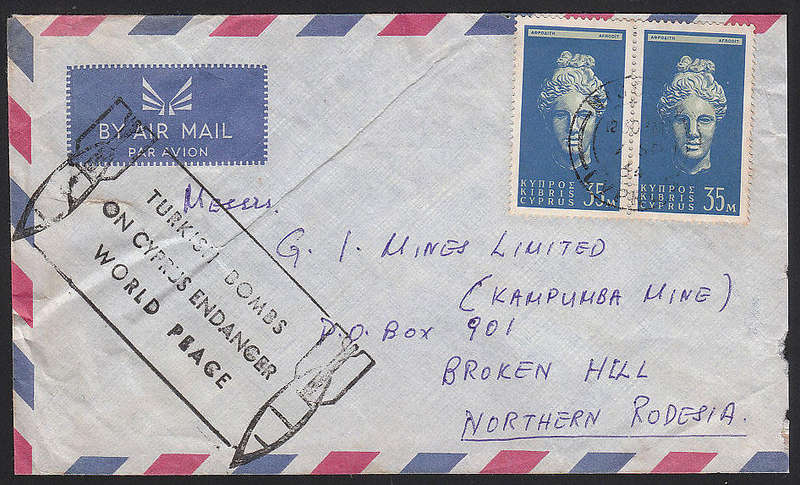 CYPRUS 1964 COVER TO N RHODESIA WITH 'TURKISH BOMBS ON CYPRUS ENDANGER WORL PEACE' CACHET