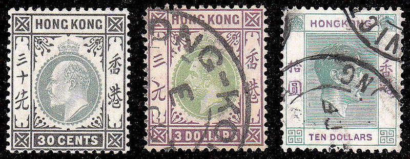 HONG KONG 1910-35 ODDMENTS KEVII 30c LMM, KGV $3 USED AND KGVI $10 GREEN AND VIOLET USED CAT ± R6700