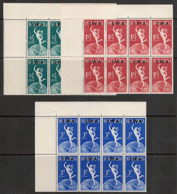 SOUTH WEST AFRICA 1949 UPU SET IN CORNER BLOCKS OF 8 WITH VAR VERY FINE MNH SACC 166-68, 168b R2000+
