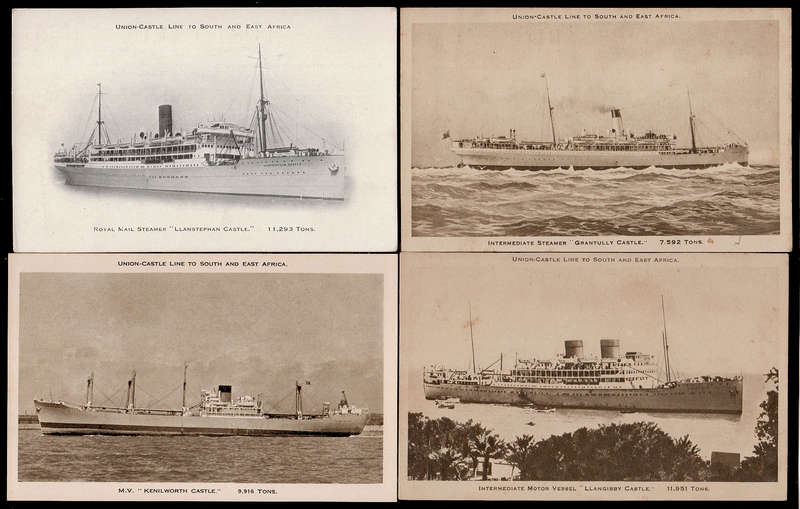 CGH EARLY 1900'S FOUR DIFFERENT UNION CASTLE SHIPS ON UNUSED POSTCARDS. AVERAGE CONDITION.