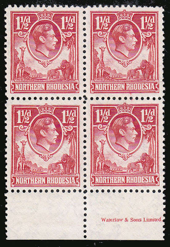 NORTHERN RHODESIA 1938 KGV1 1½d CARMINE-RED PART IMPRINT BLOCK OF 4 FINE MNH. SACC 29 CAT R4000