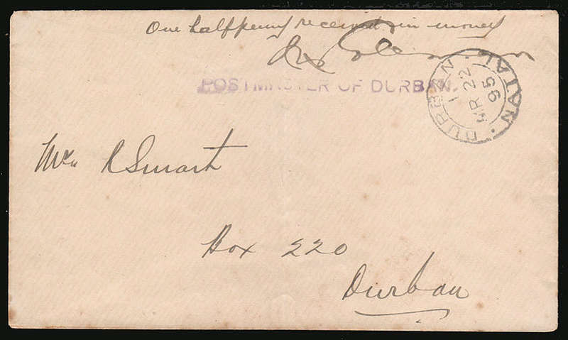 NATAL 1895 (MR 22) COLEMAN PROVISIONAL ENVELOPE ONE HALF PENNY RECEIVED IN MONEY