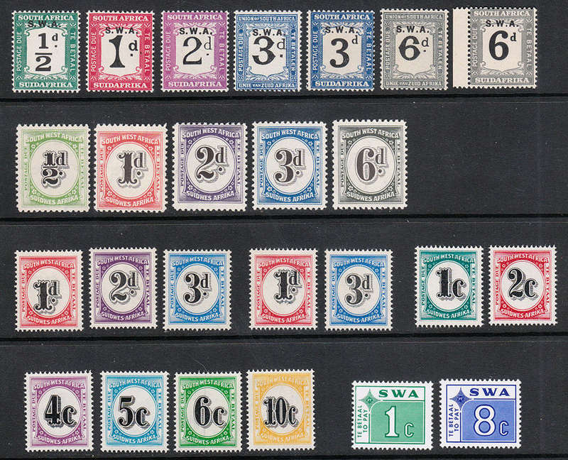 SOUTH WEST AFRICA POSTAGE DUES 1928-72 COMPLETE RANGE IN SINGLES VERY FINE MNH. SACC 39-63