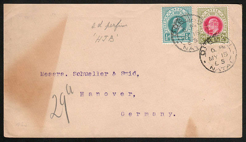 NATAL  1905 (MY 15) COVER TO GERMANY FRANKED KEVII 2d PERFORATED HJB AND ½d FROM DURBAN TO GERMANY.