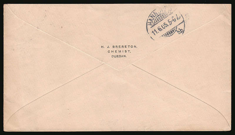 NATAL  1905 (MY 15) COVER TO GERMANY FRANKED KEVII 2d PERFORATED HJB AND ½d FROM DURBAN TO GERMANY.