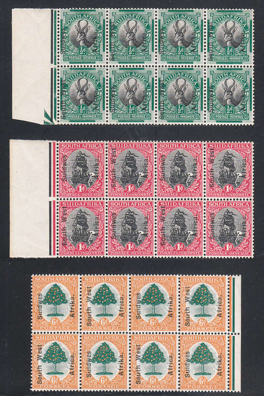 SOUTH WEST AFRICA 1927 ENGLISH ON AFRIKAANS STAMPS OVPT SET IN BLOCKS OF 8 VERY FINE MNH. SACC 67-69