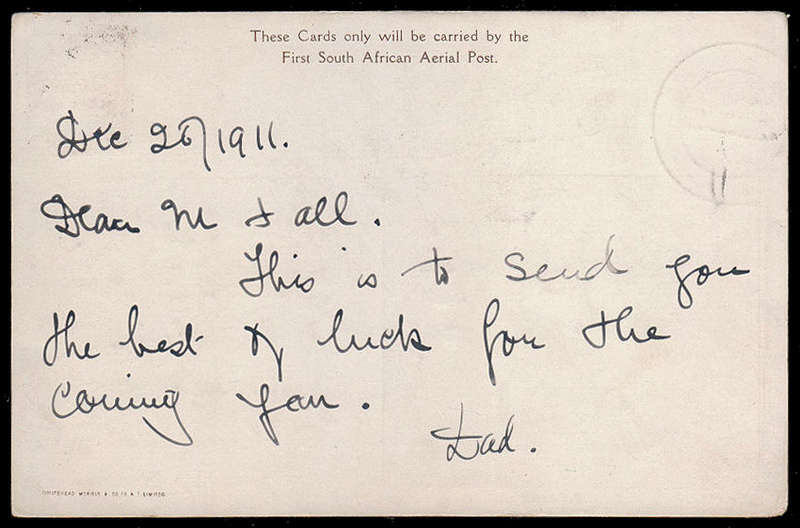SOUTH AFRICA 1911 FIRST AERIAL POST SOUVENIR CARD 2nd FLIGHT BETWEEN KENILWORTH AND MUIZENBERG