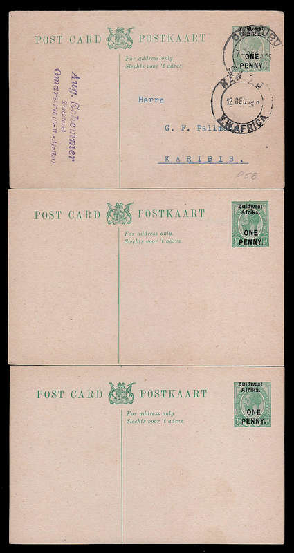 SOUTH WEST AFRICA 1924 POSTAL STAT. ONE PENNY OVPT ONE USED AND TWO MINT CARD. VERY FINE