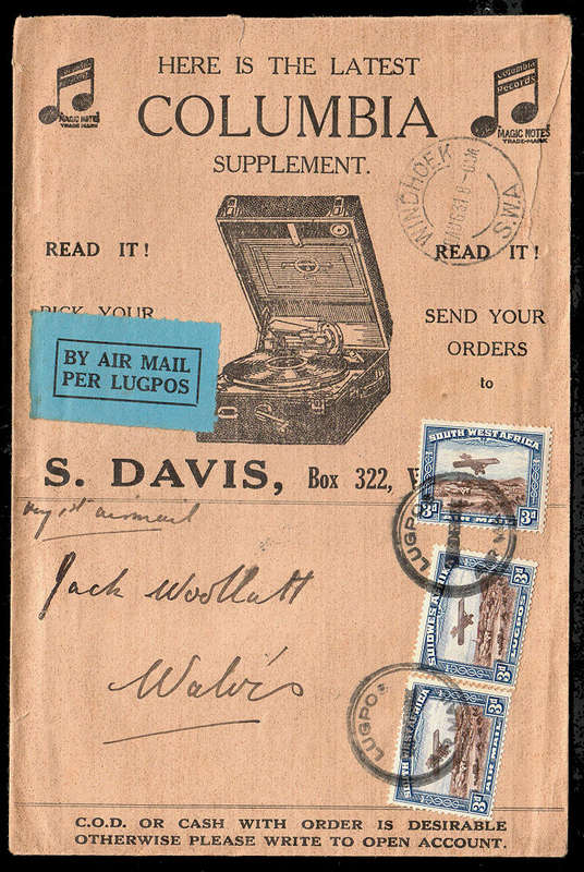 SWA 1931 VERY ATTRACTIVE COLUMBIA RECORD PLAYER ADVERTISING COVER FLOWN 1ST FLIGHT WINDHOEK-WALVIS