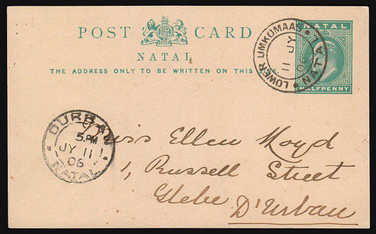 NATAL 1906 (JY 11) SUPERB LOWER UMKOMAAS PMK ON ½d P.S. POSTCARD ADDRESSED TO DURBAN. SCARCE