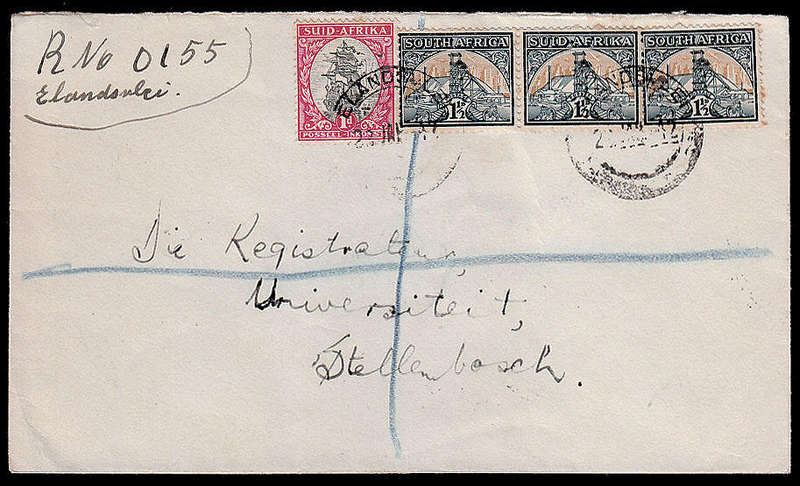UNION 1942 REGISTERED COVER ELANDSVLEI TO STELLENBOSCH, MANUSCRIPT REGISTRATION NUMBER