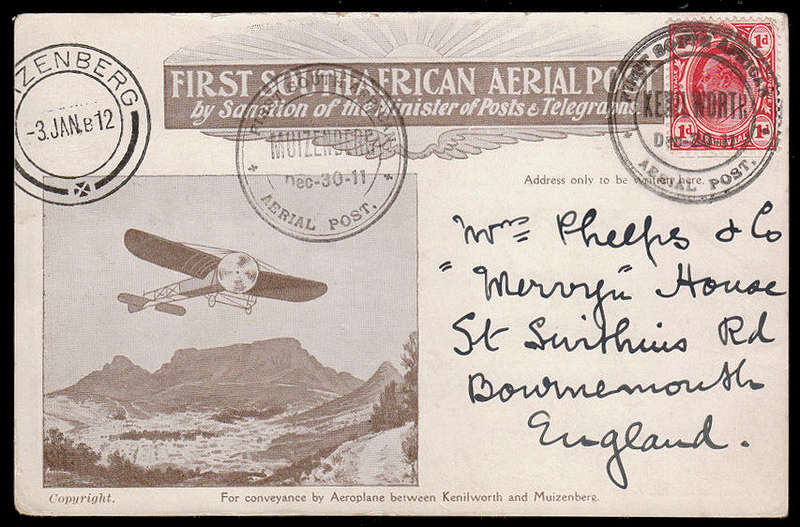 SOUTH AFRICA 1911 FIRST AERIAL POST SOUVENIR CARD 2nd FLIGHT BETWEEN KENILWORTH AND MUIZENBERG