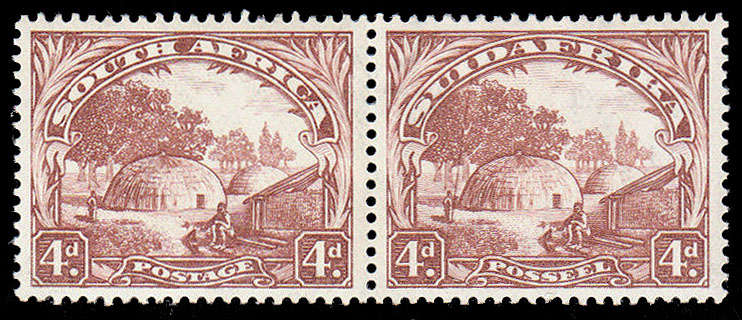 SOUTH AFRICA 1930-45 ROTOS 4d UPRIGHT WMK PAIR WITH BAMBOO IN NATIVES HAND VERY FINE MNH. SACC 47var