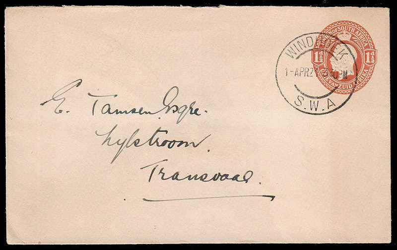 VERY RARE SA 1½d KGV POSTAL STATIONERY ENVELOPE USED IN SWA WITH WINDHOEK 1 APR 21 POSTMARK.