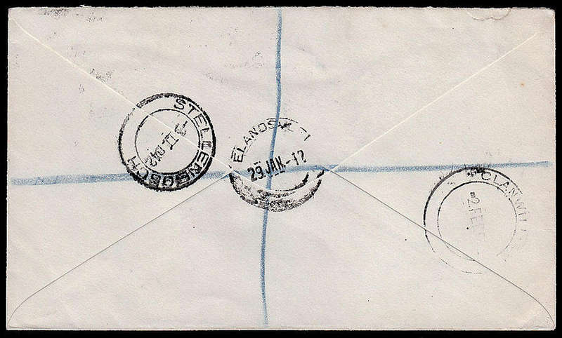 UNION 1942 REGISTERED COVER ELANDSVLEI TO STELLENBOSCH, MANUSCRIPT REGISTRATION NUMBER