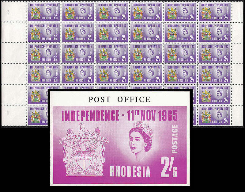 RHODESIA 1965 INDEPENDENCE STAMP 2/6 BLOCK OF 36 STAMPS PLUS P.O. BROCHURE VERY FINE MNH