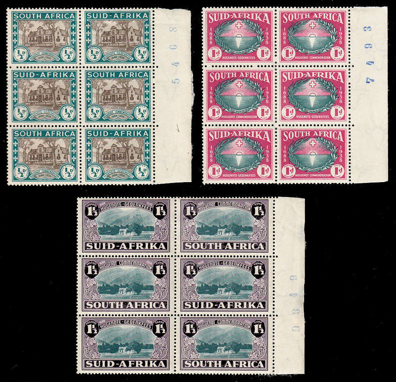 SOUTH AFRICA 1939 HUGUENOTS LANDING SET IN MARGINAL SHEET NUMBER BLOCKS OF 6, STAMPS MNH SACC 81-81
