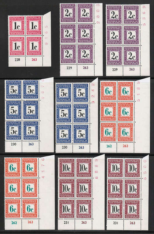 RSA 1969 POSTAGE DUES HARRISON PAPER 2c, 5c, 6c AND 10c IN E + A CONTROL BLOCKS OF 6 MNH. SEE BELOW