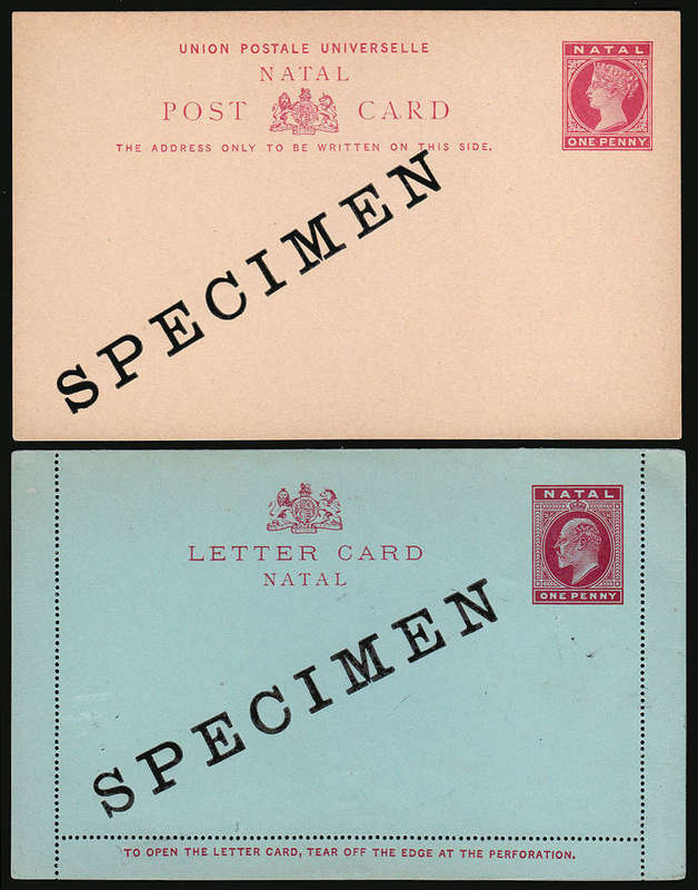 NATAL 1897/1902 POSTAL STATIONERY QV 1d POSTCARD AND KEVII LETTER CARD BOTH OVPT SPECIMEN