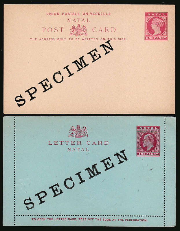 NATAL 1897/1902 POSTAL STATIONERY QV 1d POSTCARD AND KEVII LETTER CARD BOTH OVPT SPECIMEN