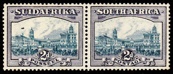 SOUTH AFRICA 1938 ROTOS 2d BLUE AND VIOLET PAIR WITH AIRSHIP FLAW VERY FINE MNH SACC 44ca VERY RARE