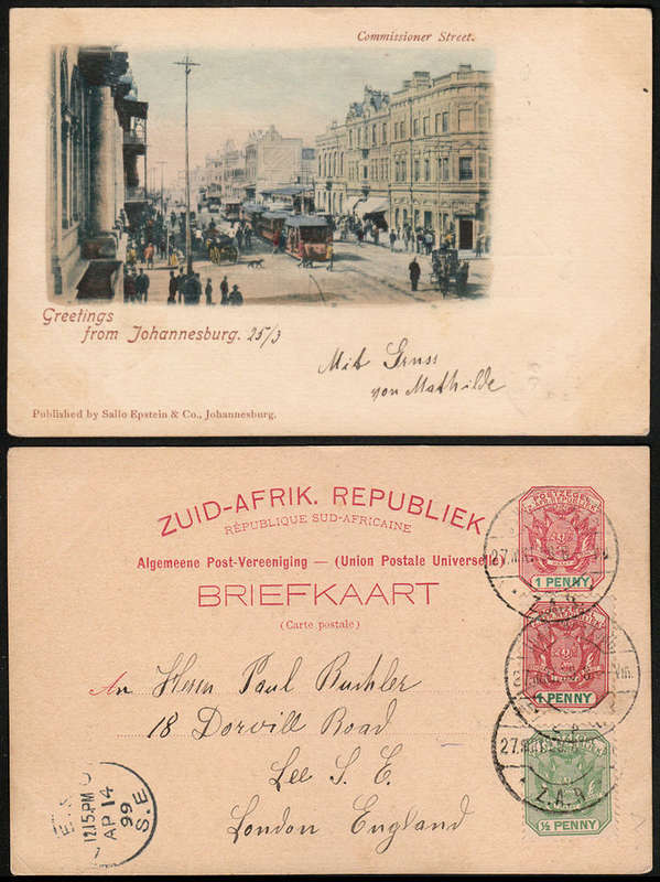 TRANSVAAL 1899 1d GREETINGS FROM JOHANNEBURG, COMMISSIONER STREET POSTAL STAT CARD UPGRADED TO UK