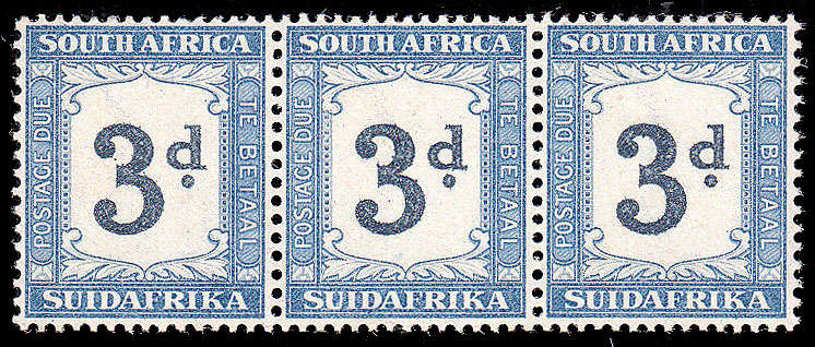 UNION 1932 POSTAGE DUES 3d INVERTED WMK INDIGO AND MILKY BLUE STRIP OF 3 MNH. SACC 27a CAT R6300