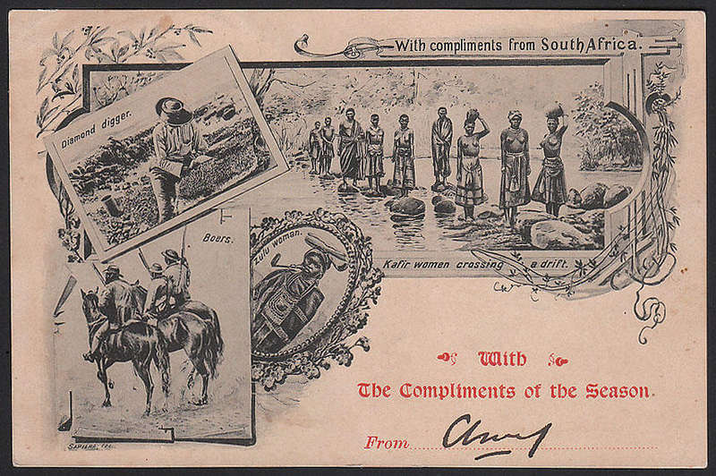CGH 1902 'WITH COMPLIMENTS OF SOUTH AFRICA' POSTCARD WITH FOUR DIFF VIGNETTES, COMPLIMENTS OF THE SE