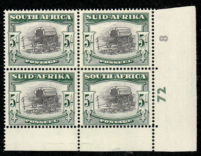 UNION 1947-54 SCREENED PICT 5s BLACK AND DEEP YELLOW GREEN CONTROLS 72-8 ENGLISH BLOCK MNH SACC 121a