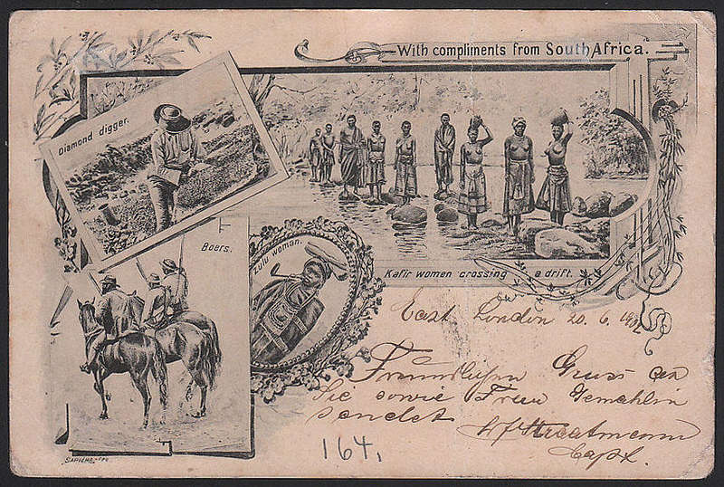 CGH 1902 'WITH COMPLIMENTS OF SOUTH AFRICA' POSTCARD WITH FOUR DIFF VIGNETTES USED. SEE DESCRIPTION