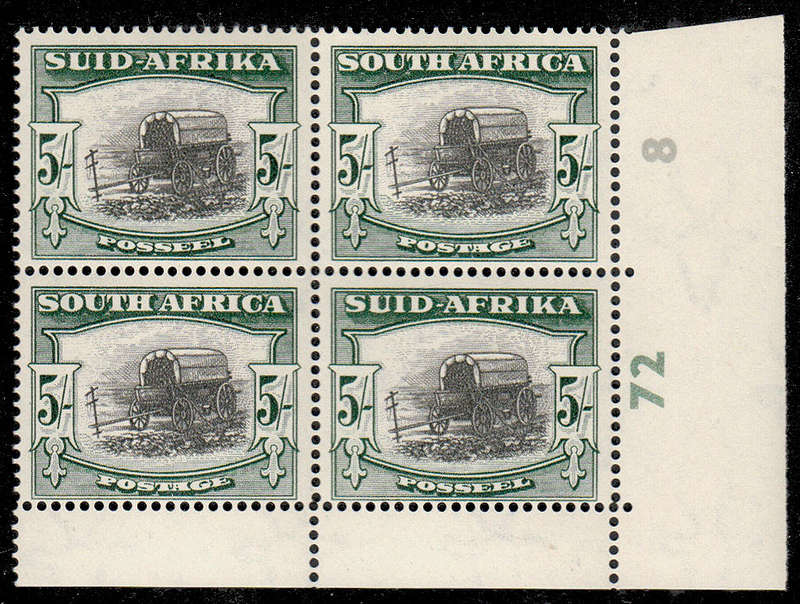 UNION 1947-54 SCREENED PICT 5s BLACK AND DP YELLOW-GREEN CONTROLS 72-8 AFRIKAANS BLOCK MNH SACC 121a