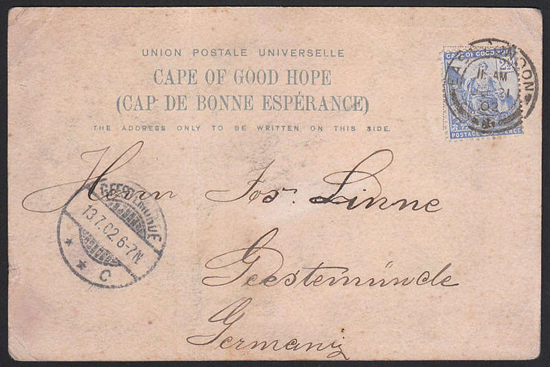CGH 1902 'WITH COMPLIMENTS OF SOUTH AFRICA' POSTCARD WITH FOUR DIFF VIGNETTES USED. SEE DESCRIPTION