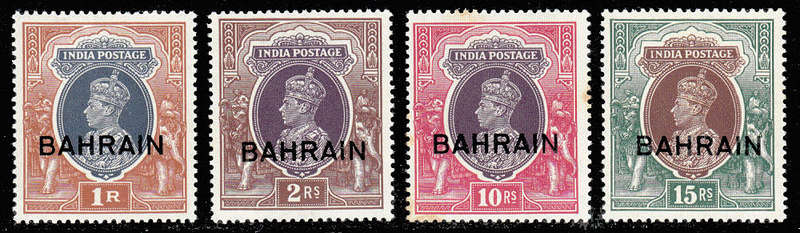 BAHRAIN OVPT ON INDIA 1938 KGVI 1r, 2r, 10r and 15r WMK INV FINE LMM. SG 32/33, 35 AND 35w. £218